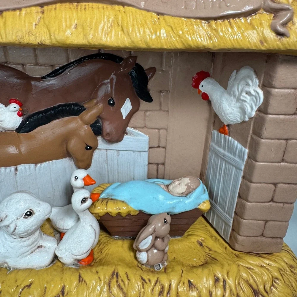 Vintage 1988 Hand Painted Ceramic Lighted Nativity Scene Stable Baby Jesus 1980s